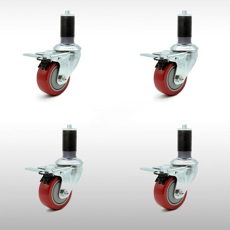 3 Inch SS Red Poly 1-3/8 Inch Expanding Stem Caster Set Total Lock Brake SCC